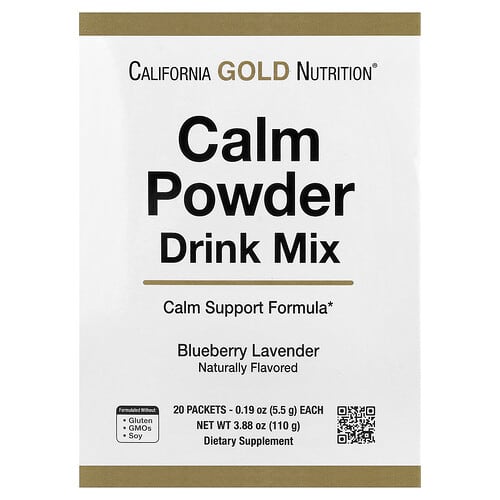 California Gold California Gold Nutrition, カーム パウダードリンクミックス（カリウム＆AminoCalmブレンド配合、L-トリプトファン・L-テアニン）、ブルーベリーラベンダー味、20包、各0.19oz（5.5g） パッケージ画像