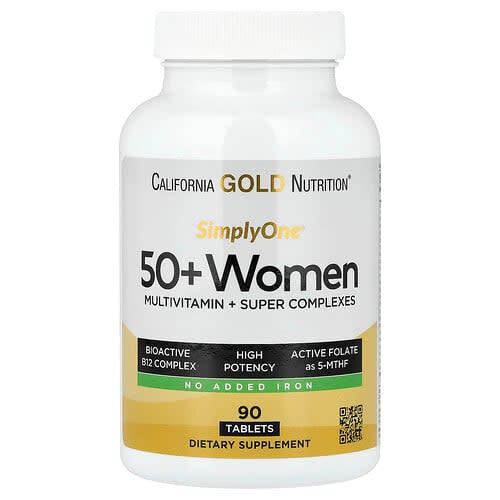 California Gold California Gold Nutrition SimplyOne® 50代以上の女性向けマルチビタミン + スーパーコンプレックス ビタミンA、ビタミンC、ミネラル、ボタニカル配合 アイロンフリー タブレット90粒 パッケージ画像
