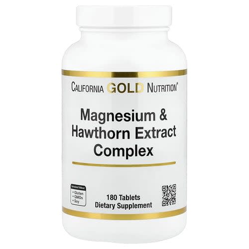 California Gold California Gold Nutrition マグネシウム & ホーソーン エキス コンプレックス タウリン、コレウス フォルスコリ エキス、ホップス配合 タブレット180粒 パッケージ画像