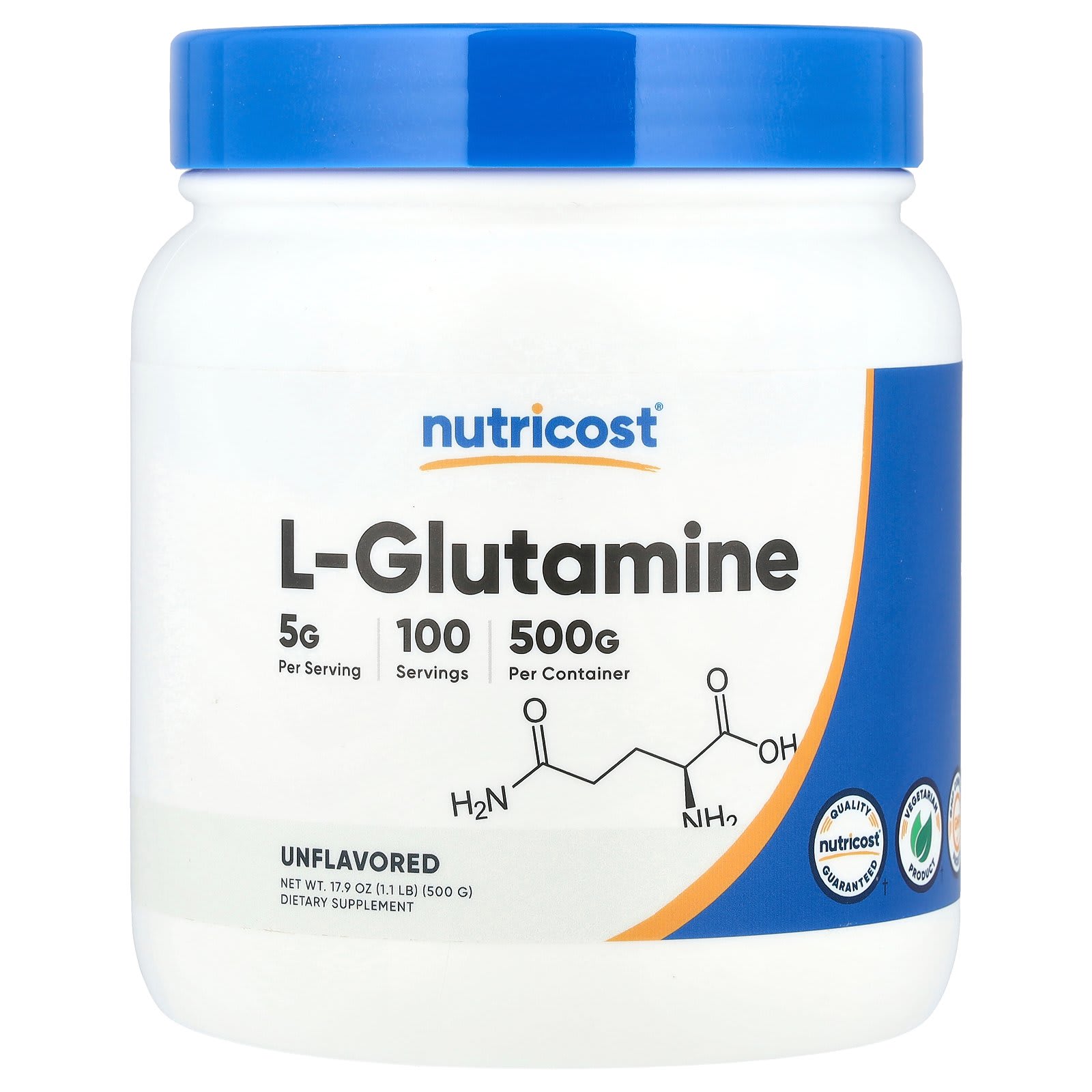 iHerb Nutricost L-グルタミン ニュートリコスト グルタミン アミノ酸 サプリメント サプリ パウダー 粉末 アンフレーバード プレーン 無香料 500g パッケージ画像