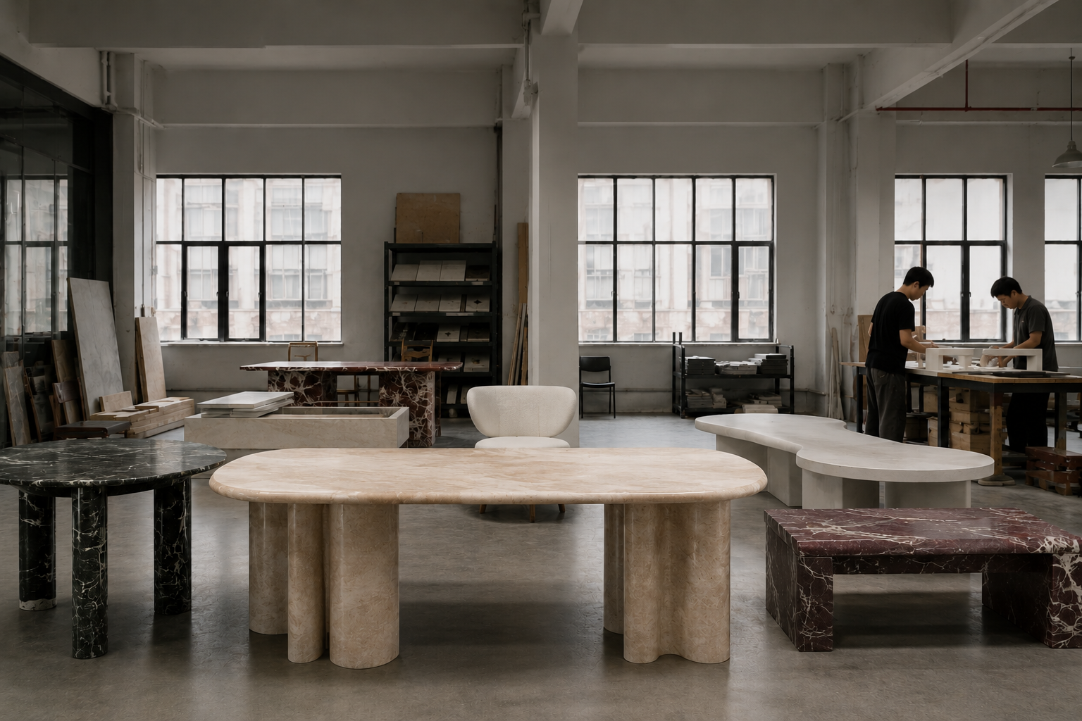 Industrial furniture workshop with custom marble and stone furniture prototypes displayed across a minimalist factory studio, featuring large-scale bespoke tables, sculptural seating and artisans work