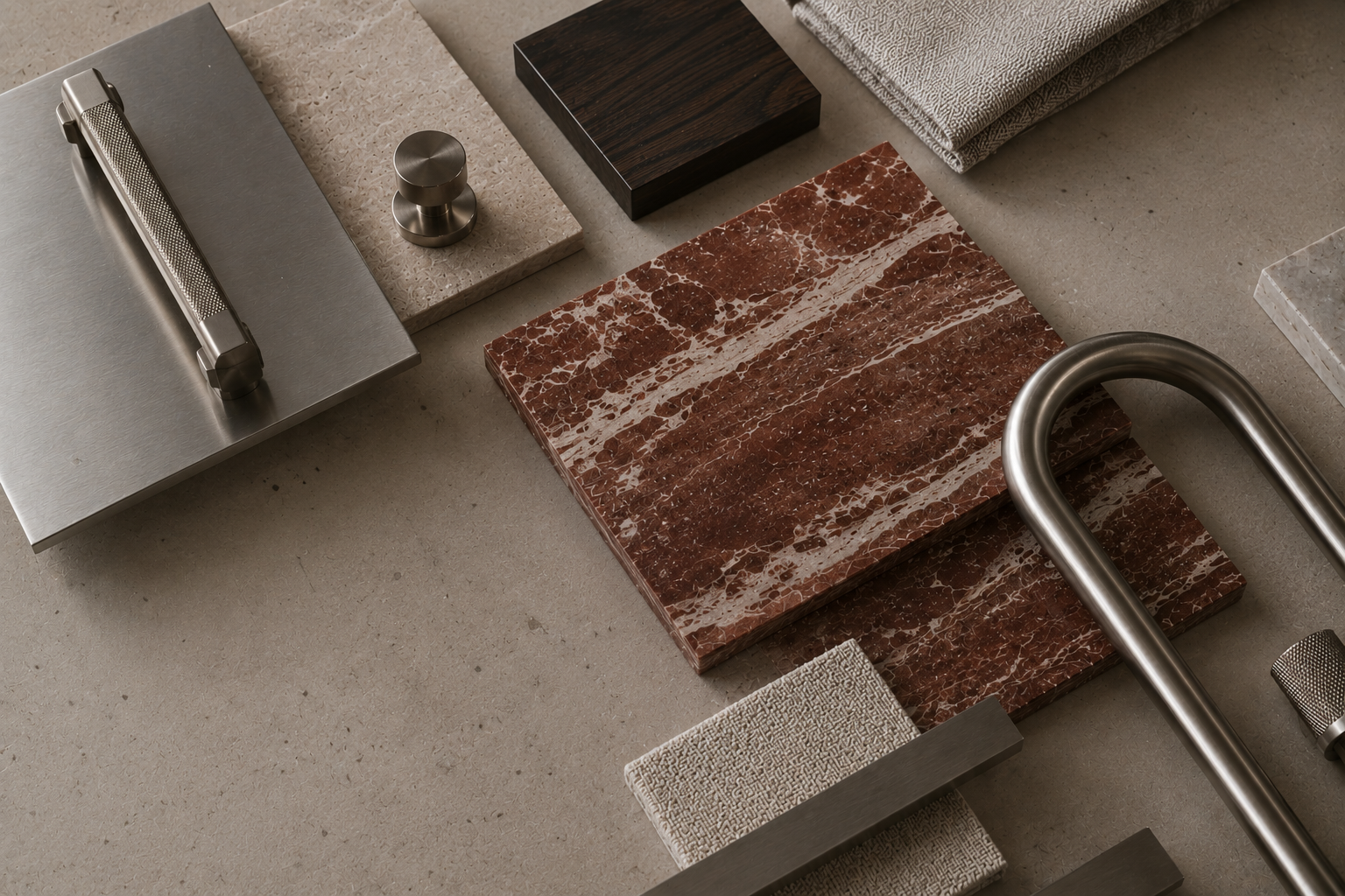 Flat-lay interior design material palette featuring brushed stainless steel hardware, veined red travertine stone samples, dark wood finishes and textured fabric swatches arranged on a neutral stone s