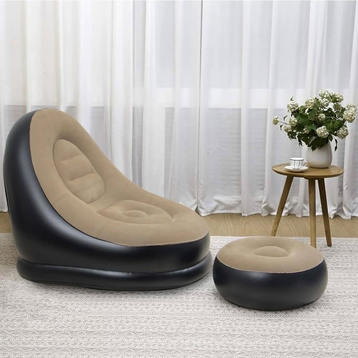 Inflated plush sofa with leg rest and electric pump