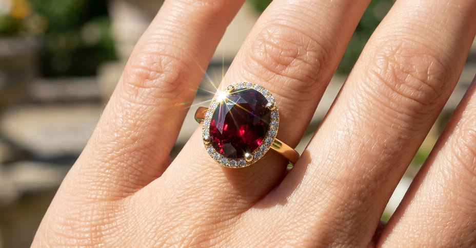 A hand wearing a Skyjems ruby-and-diamond ring