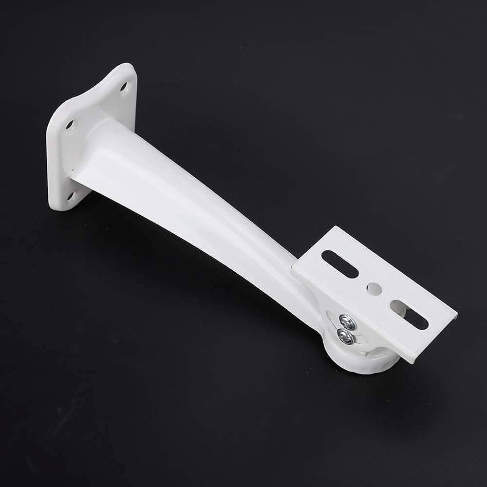 Security camera mounted on a bracket, designed for surveillance and monitoring, with a focus on its installation hardware.