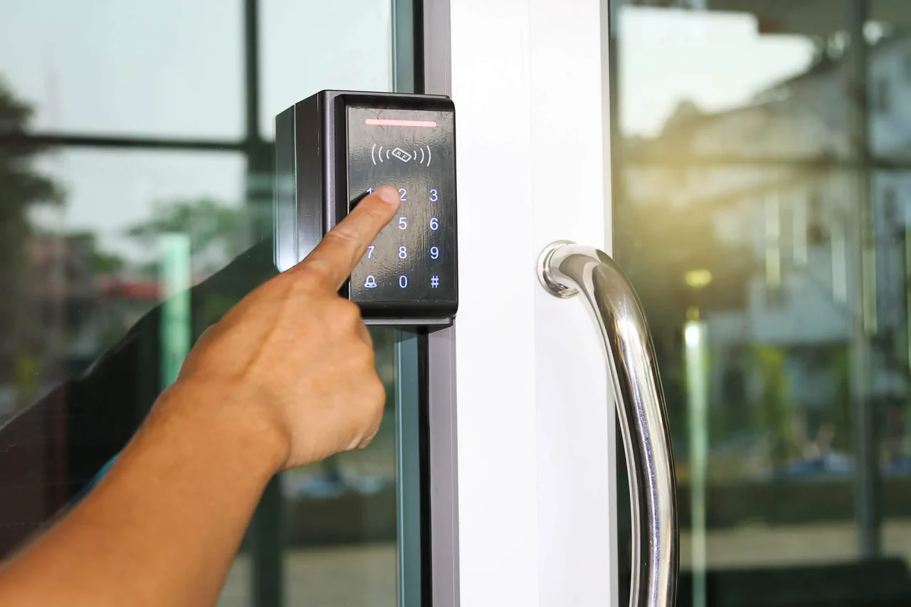 Access control system, including components like card readers, keypads, or biometric scanners for managing and securing entry to buildings or restricted areas.