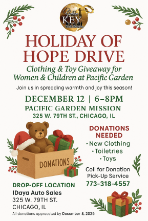 Holiday drive flyer with gifts and volunteers