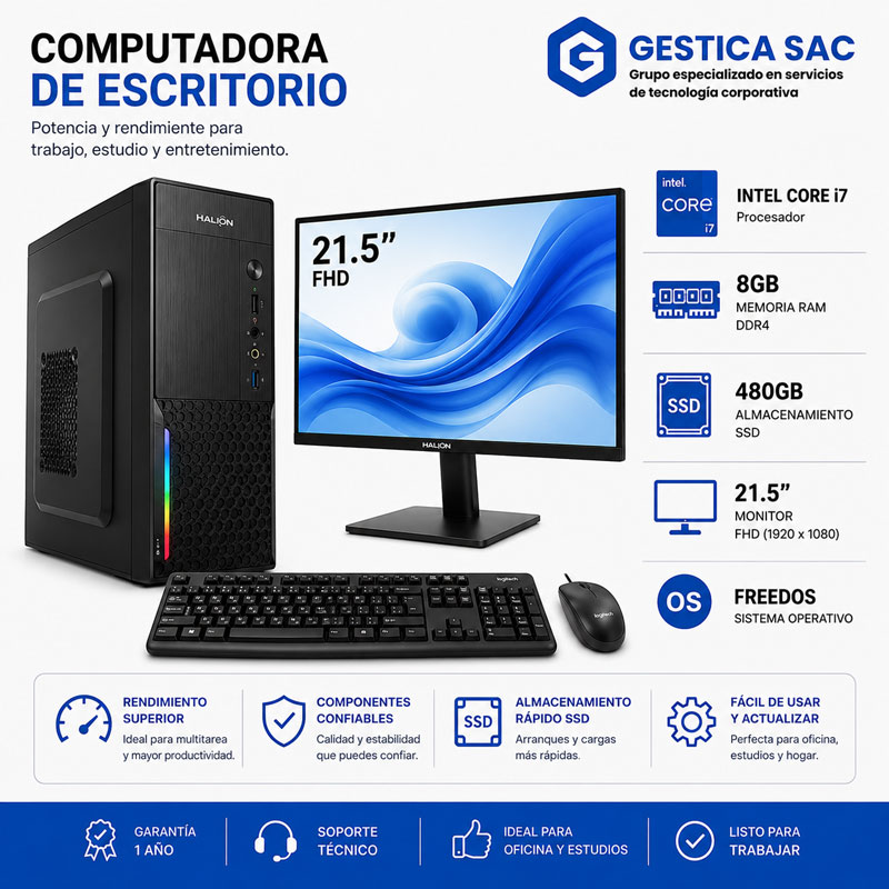 pc Core i7, RAM 8GB, SSD 480GB M.2, Monitor 21.5