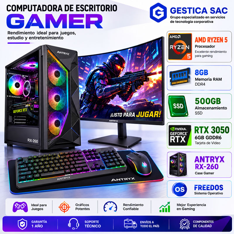COMPUTADORA DE ESCRITORIO GAMER AMD RYZEN 5, RAM 8GB, SSD 500GB