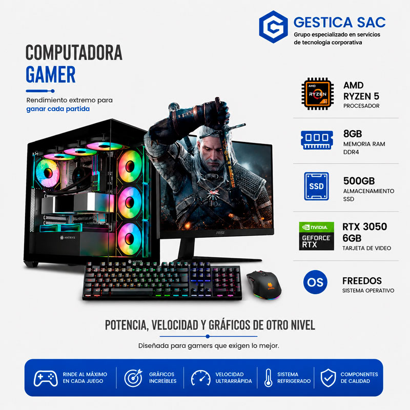 COMPUTADORA DE ESCRITORIO GAMER AMD RYZEN 5, RAM 8GB, SSD 500GB