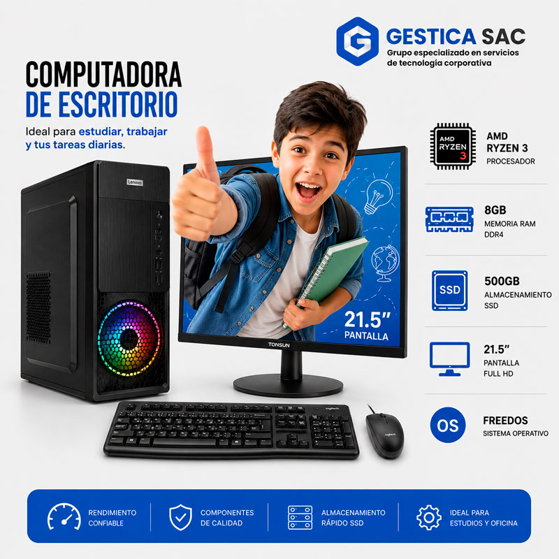 PC AMD Ryzen 3, 8GB RAM, 500GB SSD