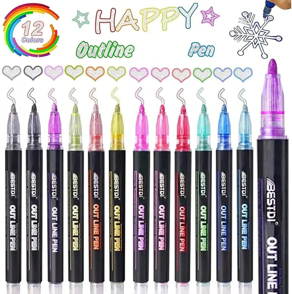 12 Color Outline Glitter Markers Dual Line Effect for Kids