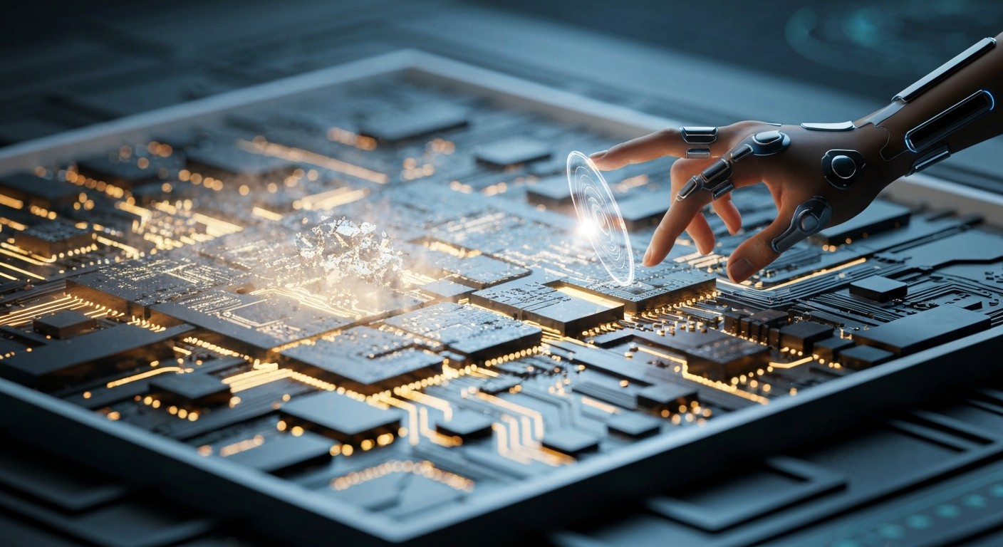 Bionic hand fixing an AI agent's memory problem on a glowing circuit board, symbolizing repair of AI dementia.