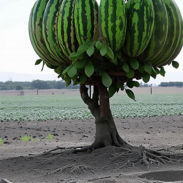 Generated by Stable Diffusion using the same keywords "watermelon growing on a tree.