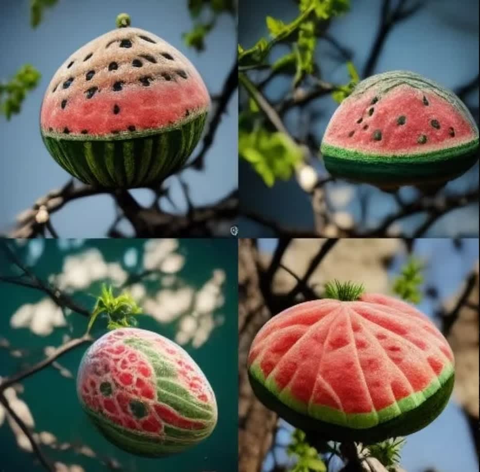 Generated by Midjourney using keywords "watermelon growing on a tree.