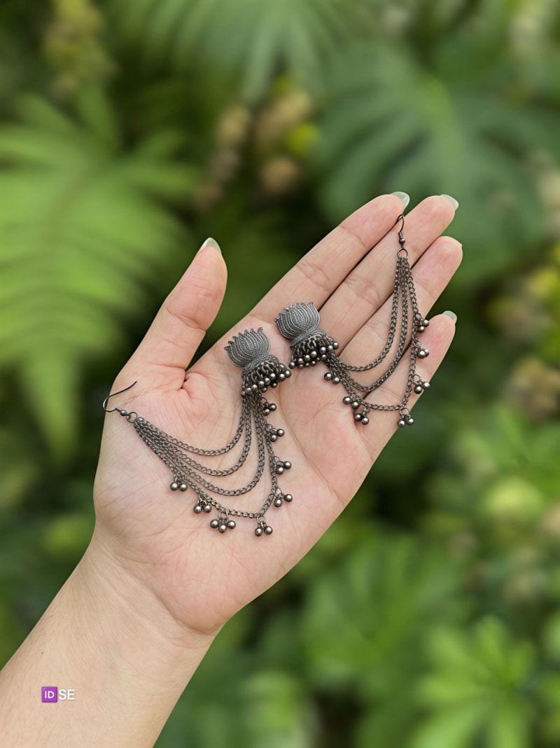 Oxidised Lotus Jhumka Earrings with Kaan Tana