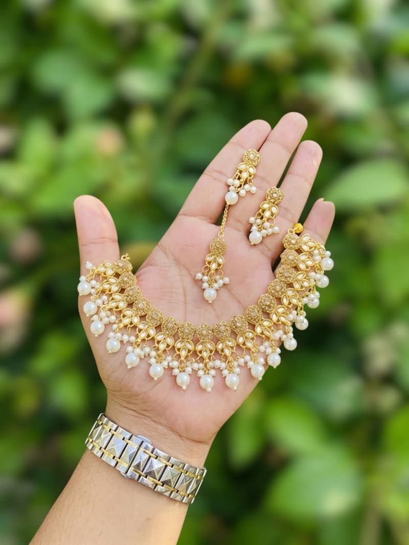Gold Kundan Pearl Necklace Set with Earrings & Tikka