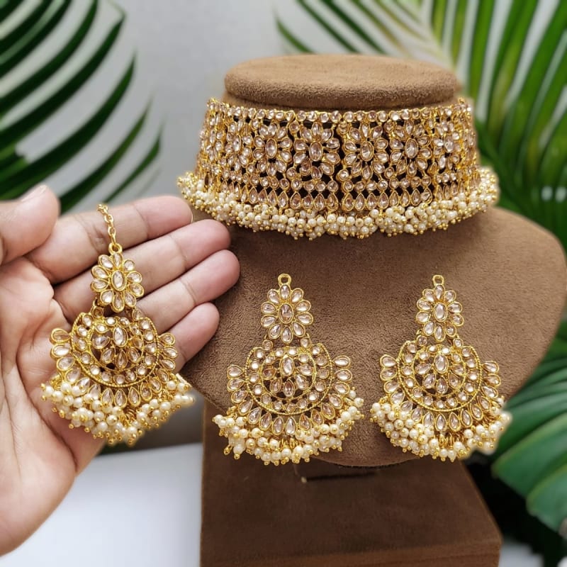 Gold Kundan Choker Necklace Set with Earrings & Tikka
