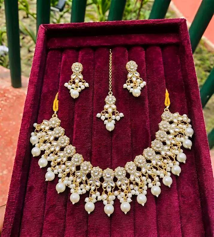 White Kundan Choker Set with Earrings & Tikka