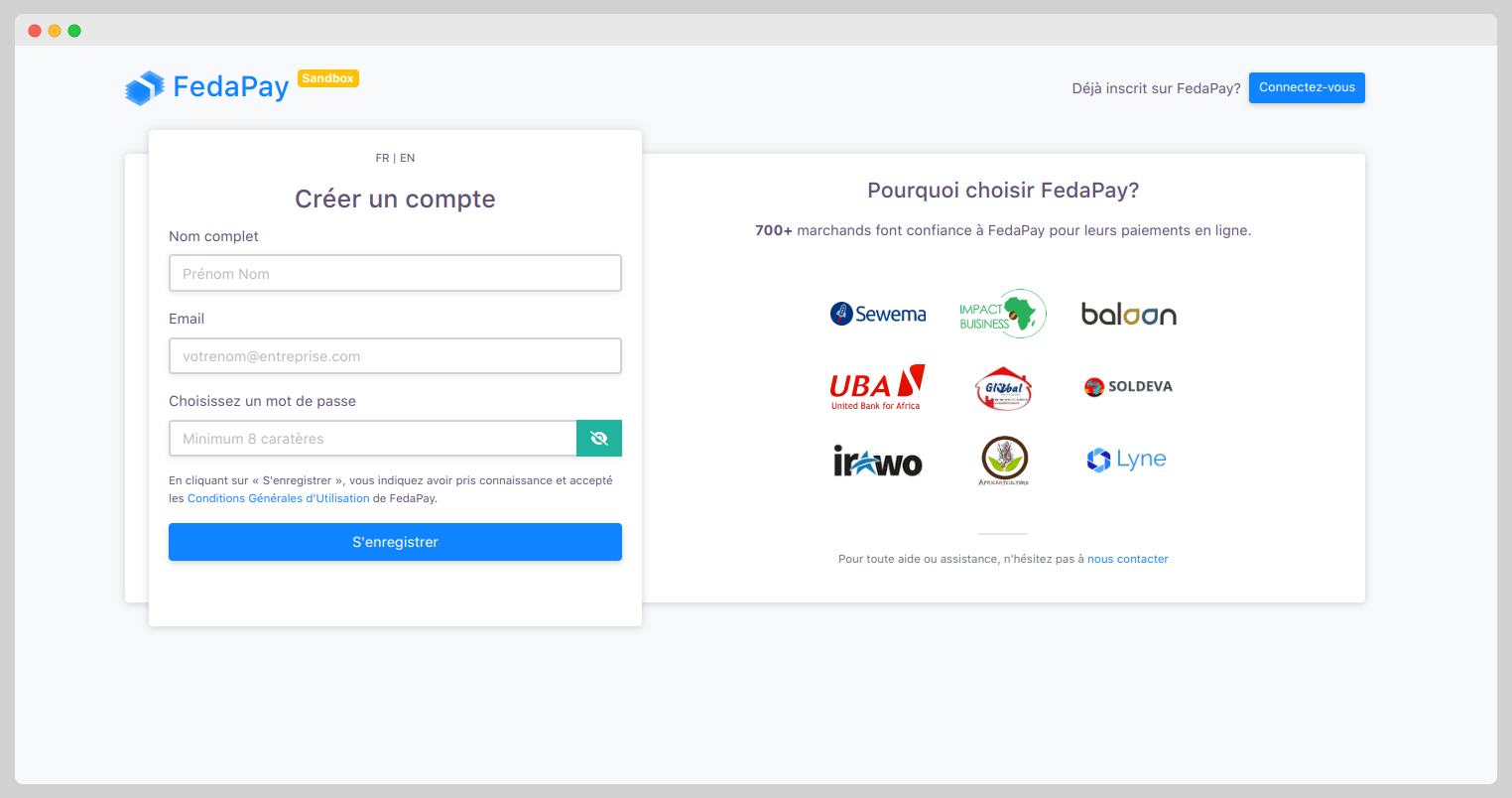 Formulaire d'inscription ou de connexion sandbox