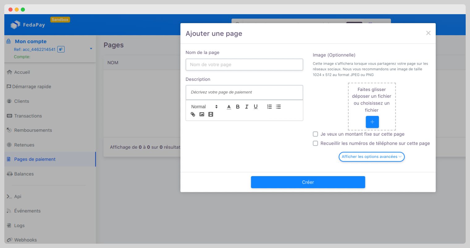 Formulaire de création de page de paiement