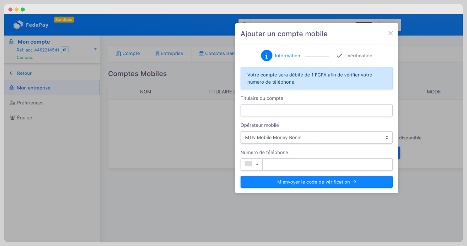 le formulaire de comptes mobile money