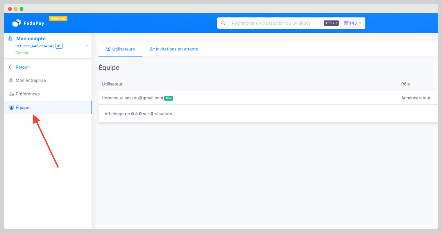 une image montrant la page Équipe dans le dashboard