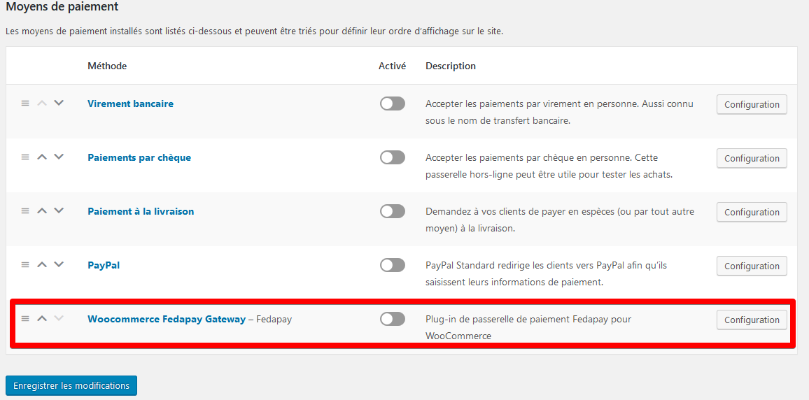 Image montrant l'interface de configuration de FedaPay