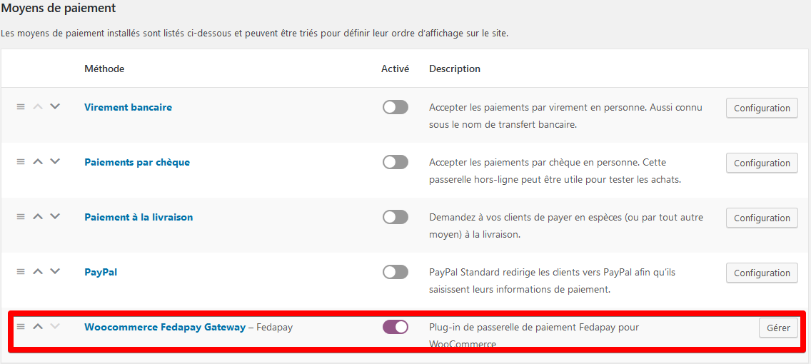 Image montrant la passerelle de paiement active dans WooCommerce