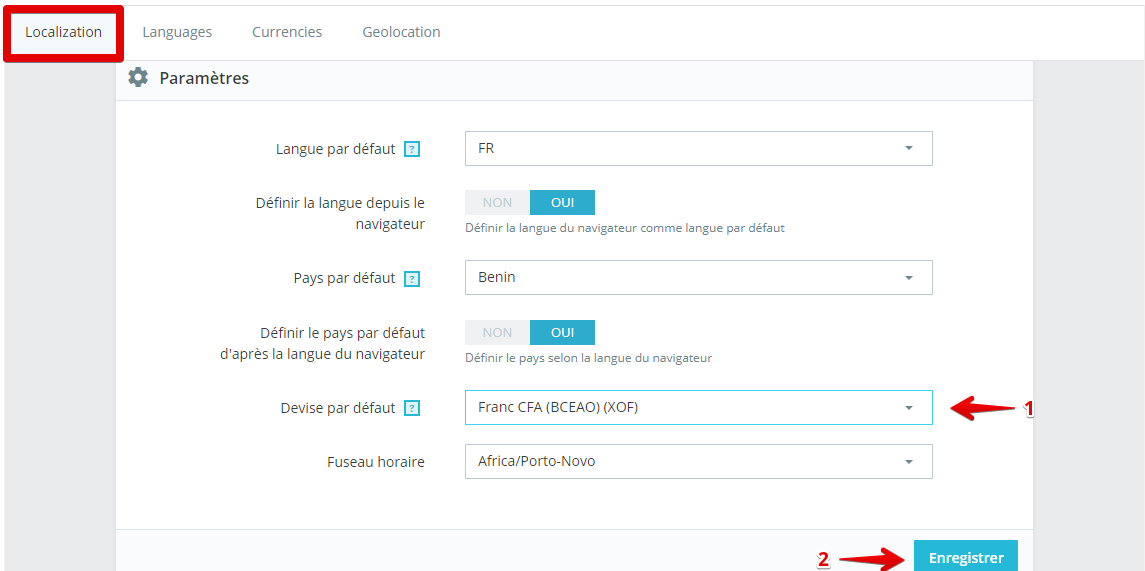 Image montrant comment définir le FCFA par défaut
