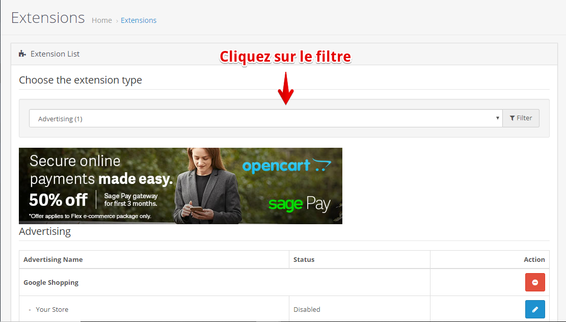 image montrant le filtre des extension