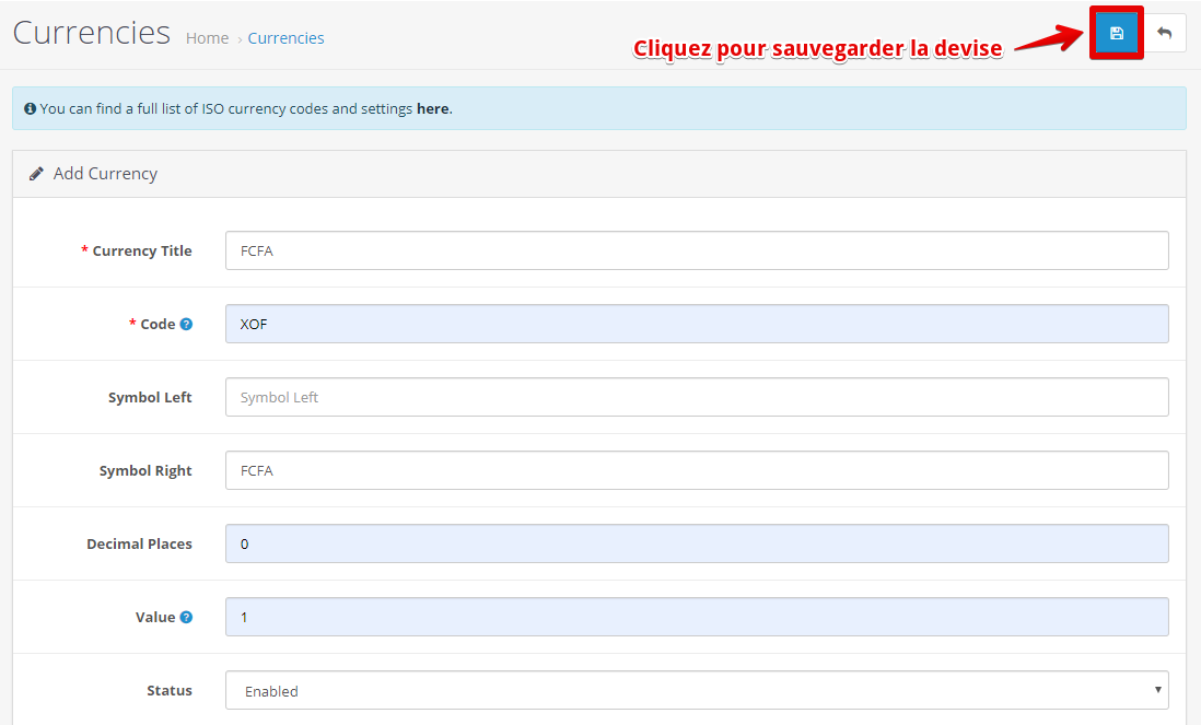 Image montrant les informations à remplir pour le FCFA
