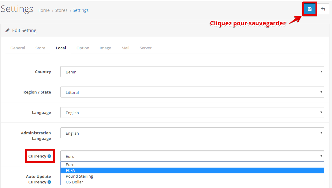 Image montrant comment définir le FCFA comme devise par défaut