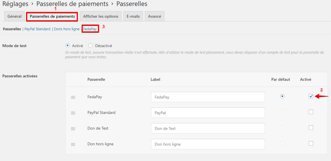 Image montrant l'activation de FedaPay