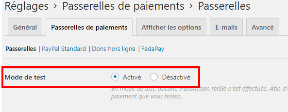Image montrant le mode test activé