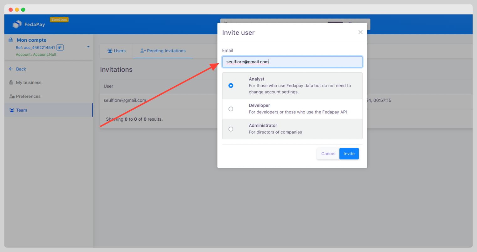 image showing the user invitation page