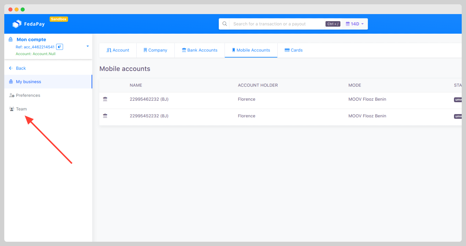 image showing the Team page in the dashboard