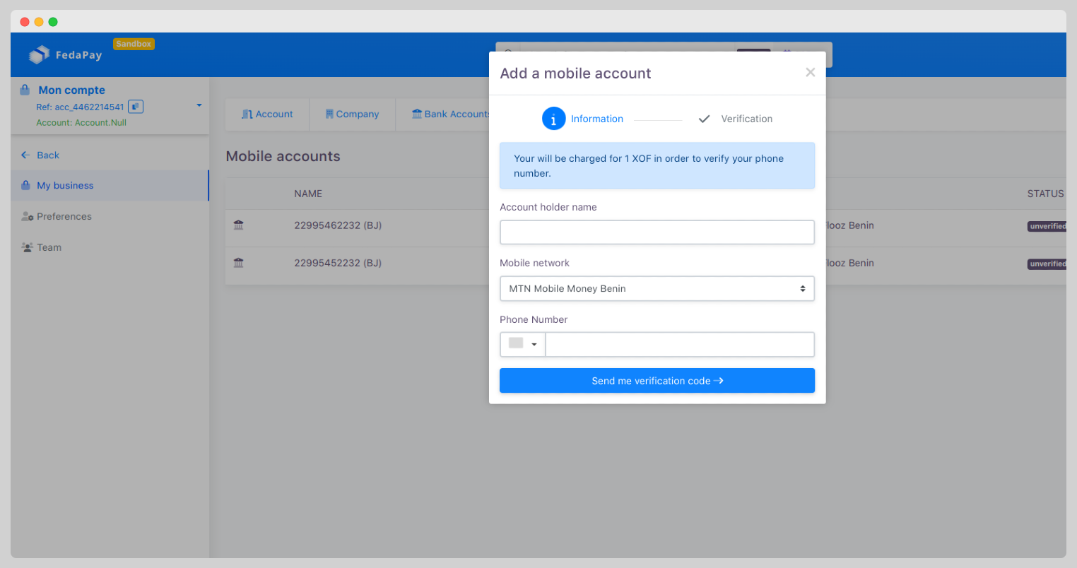 image illustrating the mobile money accounts form