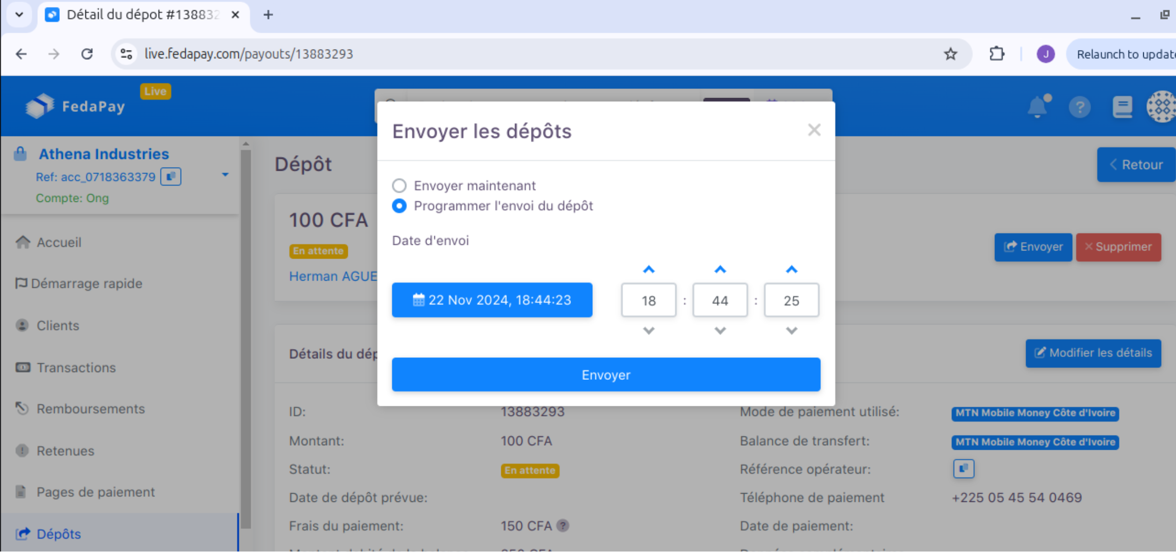 Image montrant les options d'envoi "Envoyer maintenant" et "Programmer l'envoi du paiement"