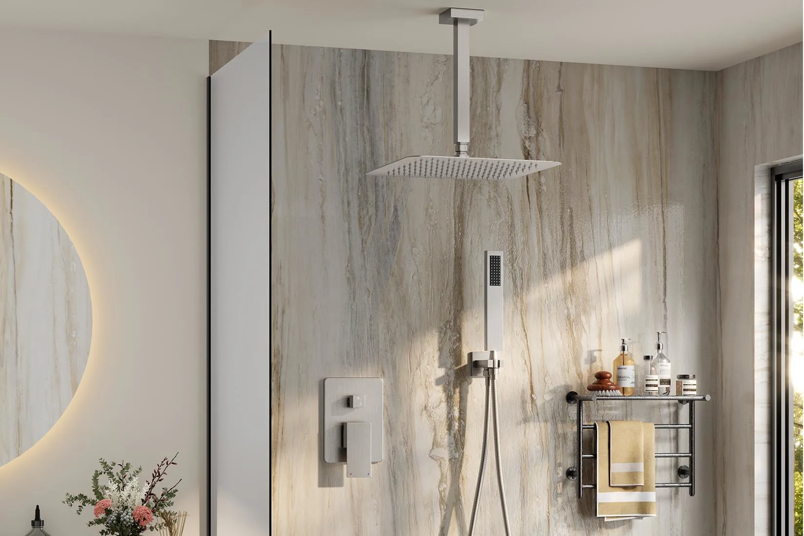 LT-SE605 Brushed Nickel Shower System, 10-Inch Ceiling and 8-Inch Wall-Mount Shower Heads with Handheld Spray