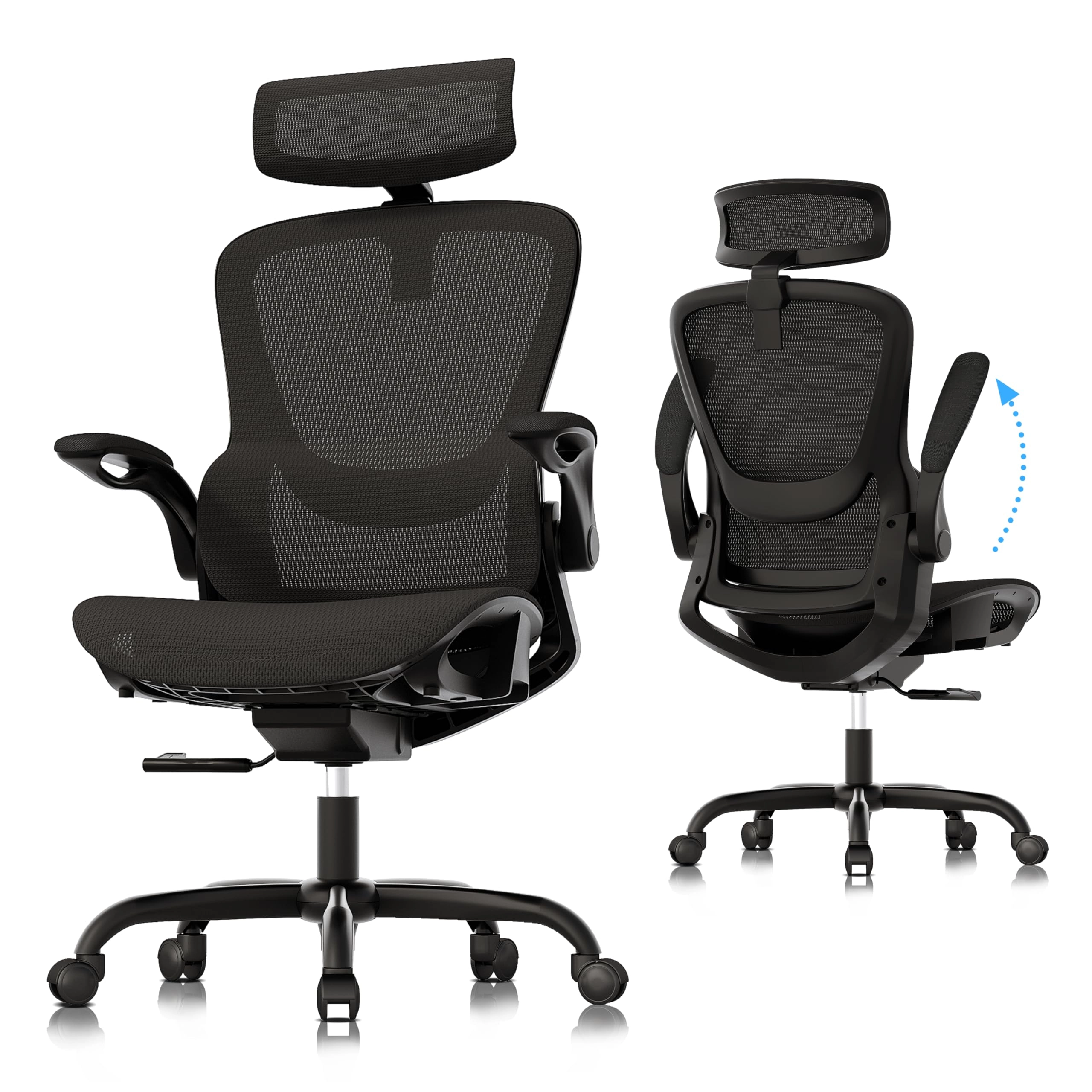 LT-C150 Ergonomic Mesh Office Chair, Adjustable Home Desk Chair with Folding Armrest, 2D Headrest, Soft Seat and PU Wheel, Black Swivel Task Chair for Office, Business, Student