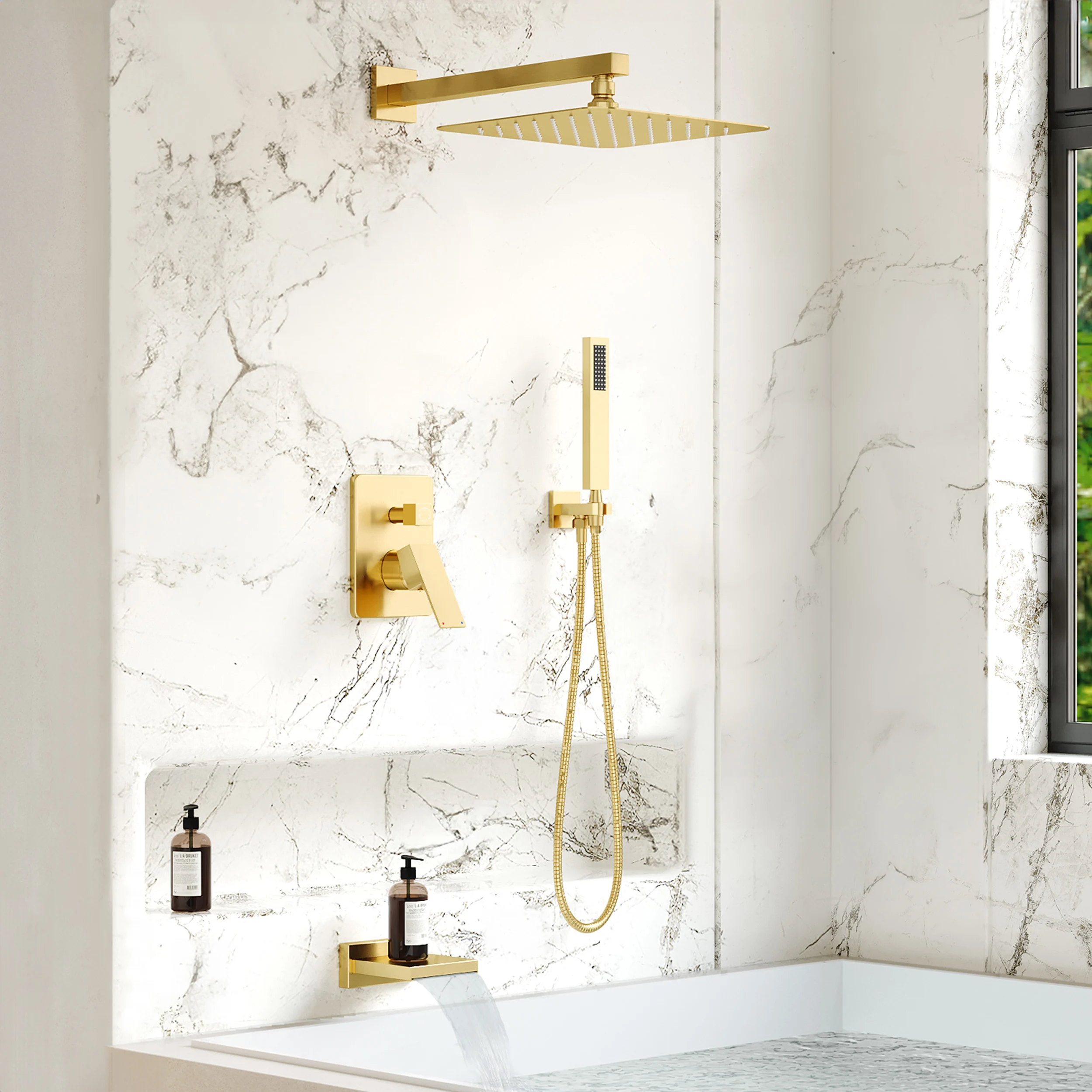 LT-PN301 Brushed Gold Tub Shower Faucet Set with 12-Inch Rain Shower Head and Handheld Spray