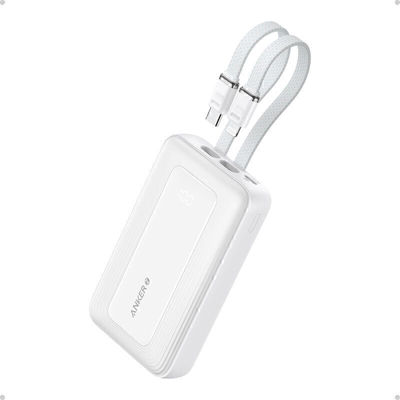 Anker Power Bank (10K,30W, Built-In Usb-C+Lightning Cable) White(A1680H21)
