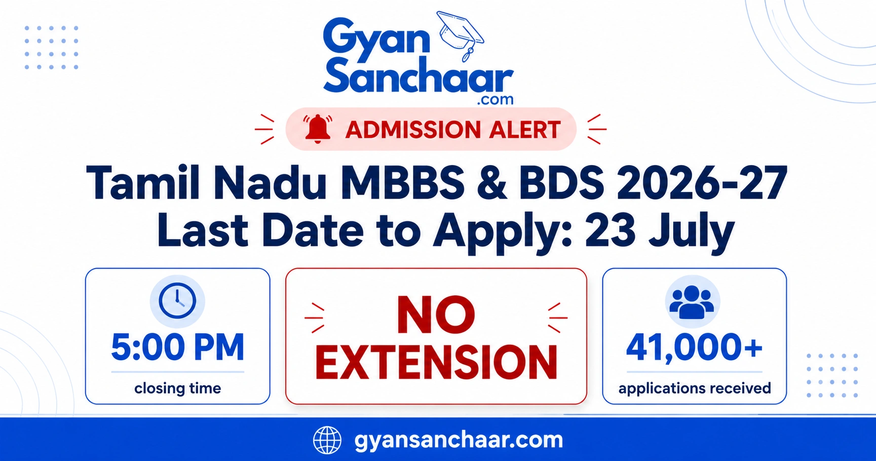 Tamil Nadu MBBS & BDS 2026-27: Last Date to Apply is 23 July, No Extension