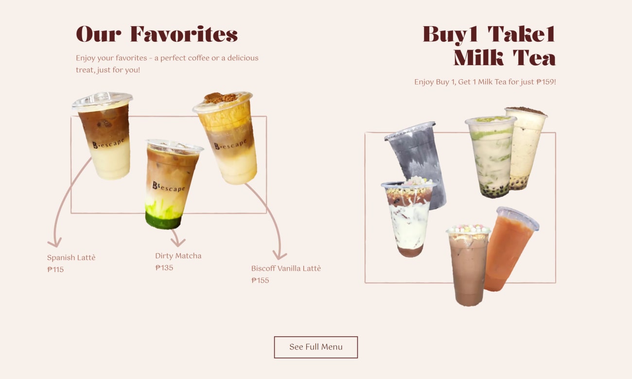 Brewed Escape café website screenshot