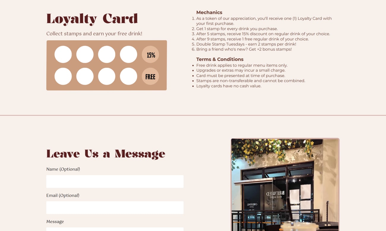 Brewed Escape café website screenshot