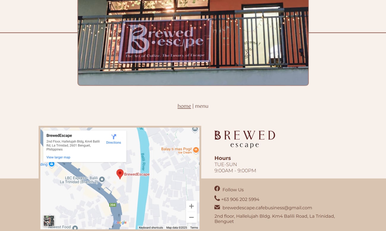 Brewed Escape café website screenshot