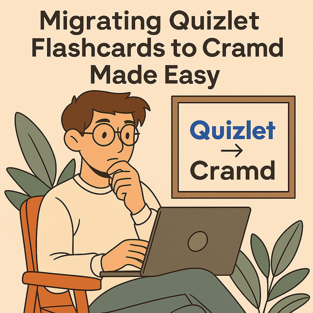 Illustration of a student using a laptop with a framed sign that says ‘Migrating Quizlet Flashcards to Cramd Made Easy’ and an arrow pointing from Quizlet to Cramd.
