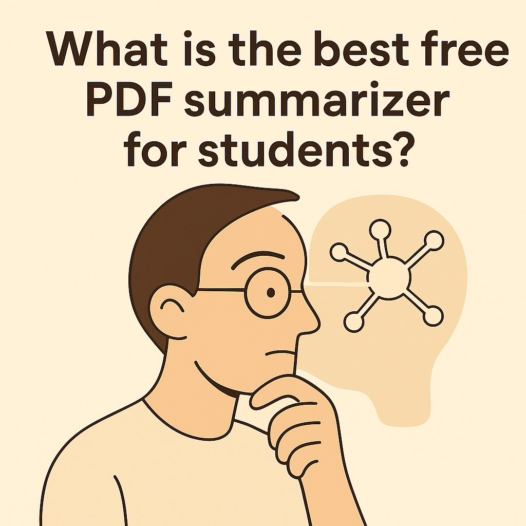 Illustration of a student thinking with a network diagram in the background and text that reads ‘What is the best free PDF summarizer for students?