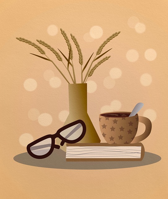 A minimalist illustration showing a vase with wheat stems, a pair of glasses resting on a closed book, and a star-patterned coffee cup with a spoon inside, all set against a soft beige background with circular light bokeh.